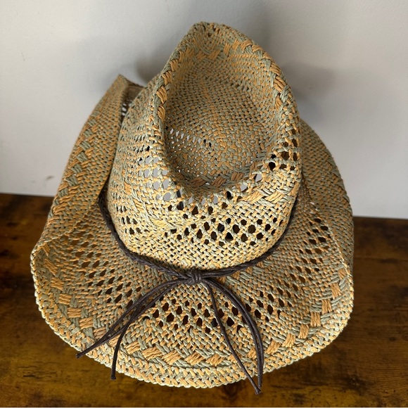 Sun And Sand Accessories - Sun 'N' Sand Woven Straw Cowboy Hat Western Sun Hat Braided Leather Band Boho